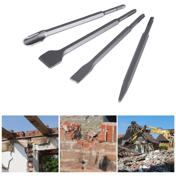 Meißel-Set SDS-Plus 4 teilig Kanal Breit Spitz Flach Stahl Meissel für Bohrhammer