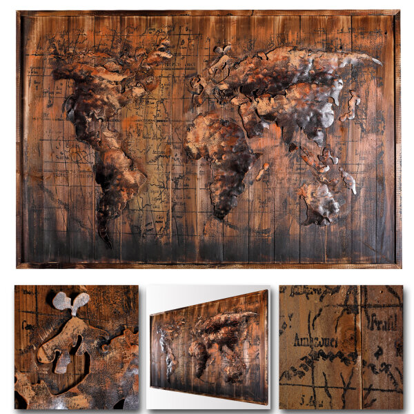 Wandbild Metall 3D handgefertigt Holz-Metallbild Weltkarte120x80x5, 219,99 €