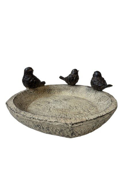 Vogeltränke mit 3 Vögeln Steinoptik Hellbeige aus Magnesia – Wetterfestes Vogelbad für Wildvögel, Gartendeko für Außenbereich 38x35x16 cm