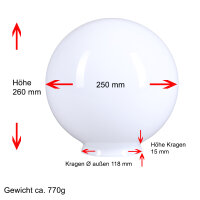 Kugelglas  m.Kragen Ø 250mm Weiß glänzend Lampenglas Ersatzglas Rund Glas Kugel